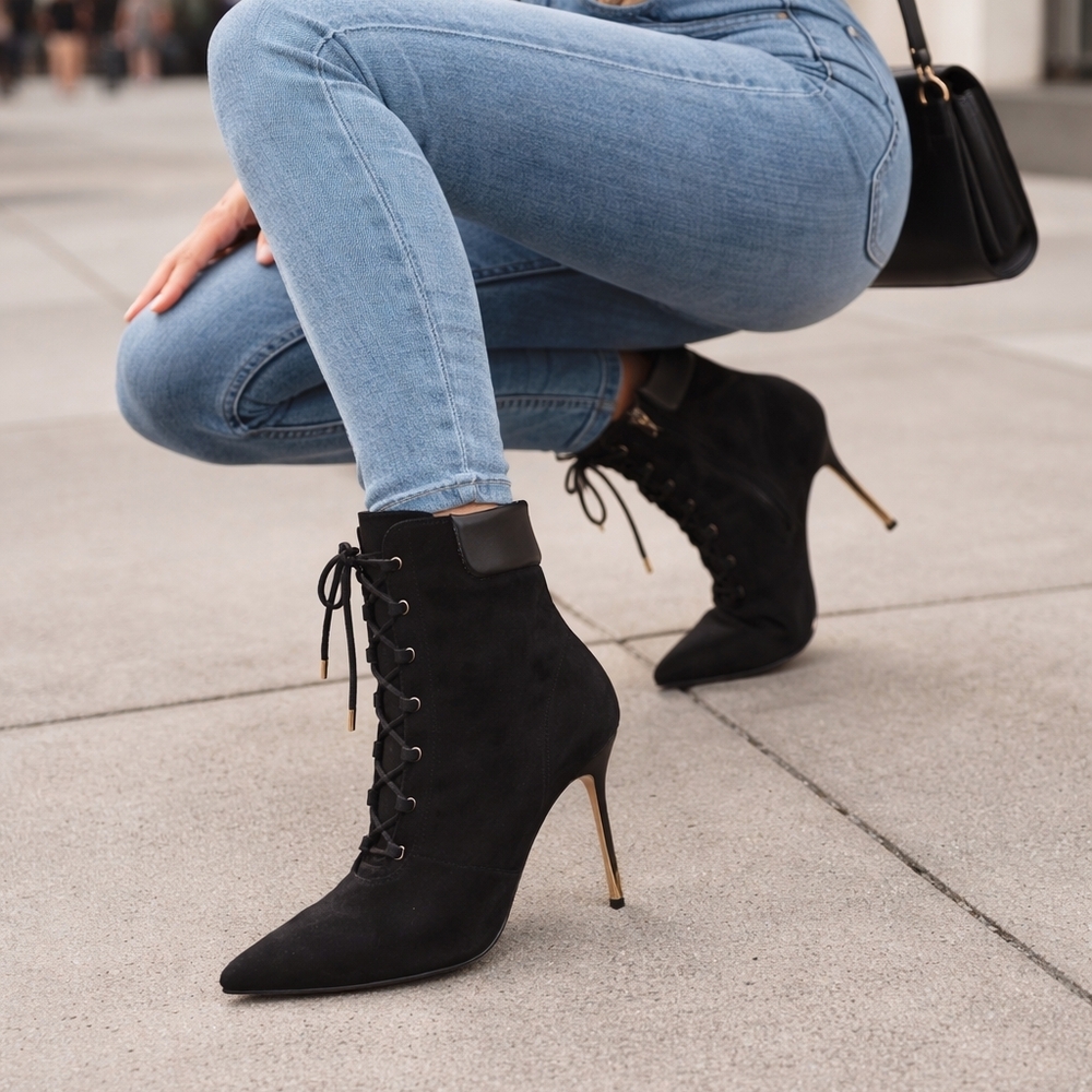 #2074 Good American Black Lace-Up Stiletto Ankle Boots Pointed Toe